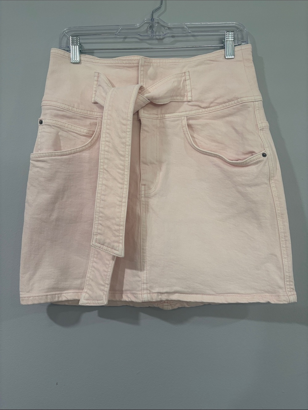 REBECCA MINKOFF PALE PINK DENIM MINI SKIRT FRONT & BACK POCKETS SIZE /S